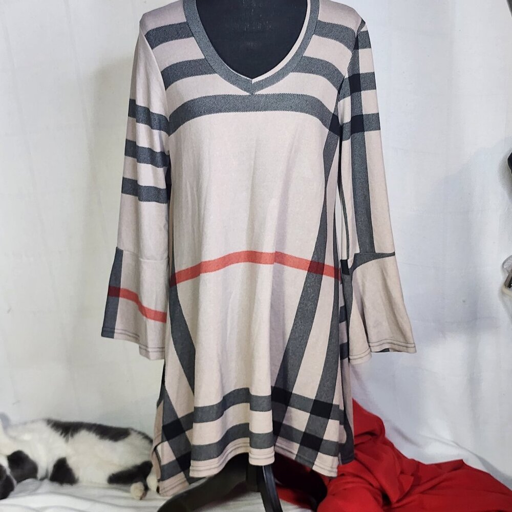 WinWin Beige Black Red Big Plaid Poly Span Flare Bottom Bell Sleeves Tunic L-XL